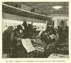 Iluminación del interior de los vagones por una lámpara eléctrica de French School